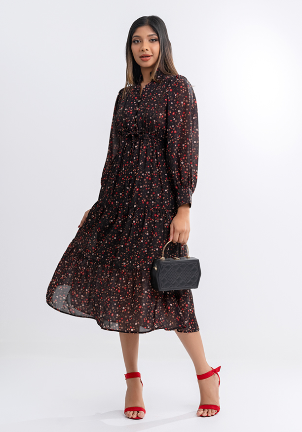 SOPHIA BLACK PRINTED FLORAL DRESS